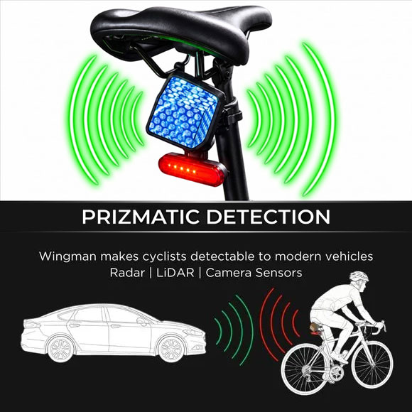 Prizmatic Detection - Wingman makes cyclists detectable to modern vehicles radar, LiDAR, and camera sensors.